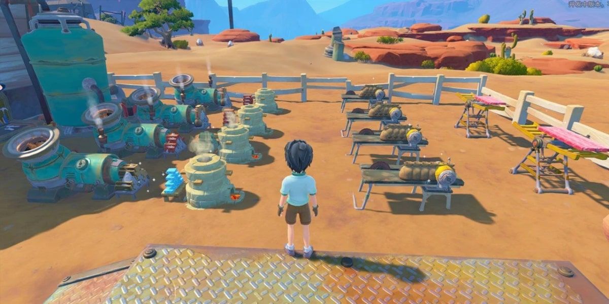 player character looks over yard full of mechanisms like furnaces and recyclers