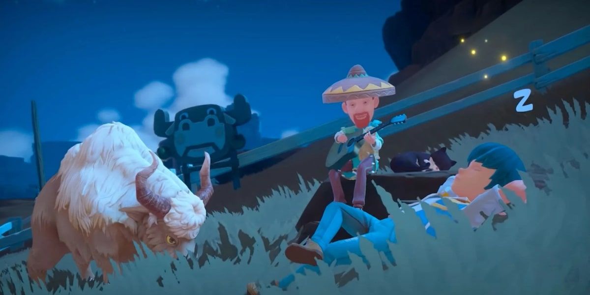 player character sleeps in a field at night while another character plays the guitar and an animal enjoys the music with them