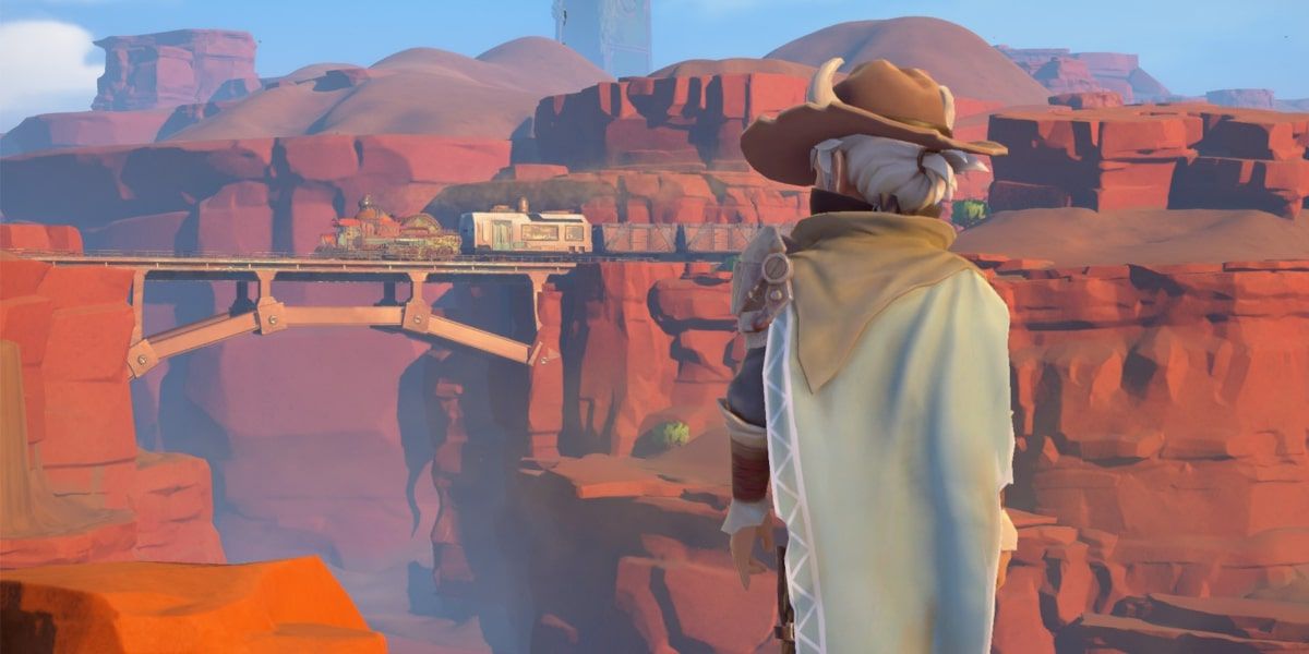 mysterious lone gunman watches train cross canyon around sunset