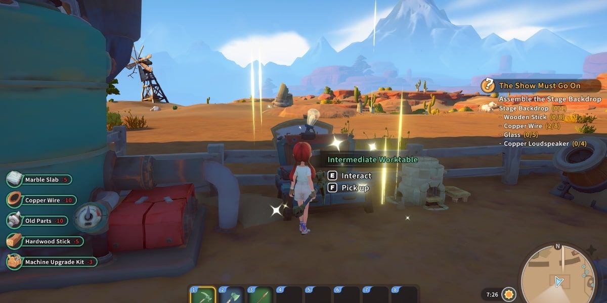 female player character stands at worktable which is shining. list of materials needed to create an item are on the left with the quest requirements on the right