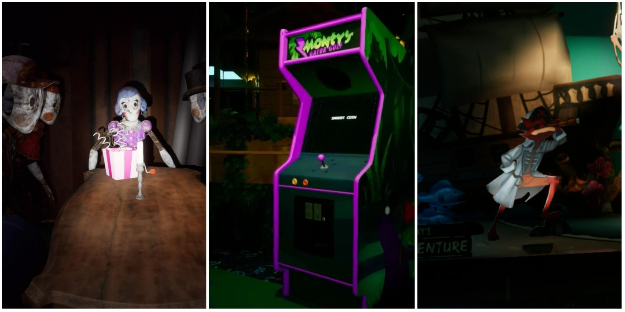 Three of the easter eggs of security breach including bots, an arcade machine, and cardboard cutouts