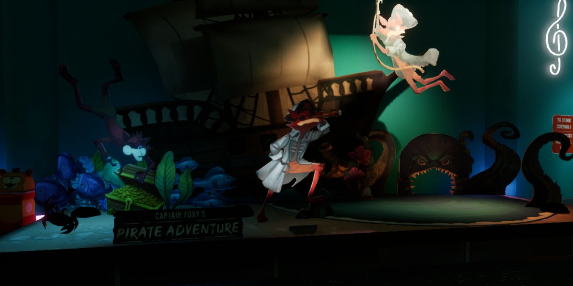 A display for Captain Foxy's Pirate Adventure including several different foxy cutouts and a large ship.