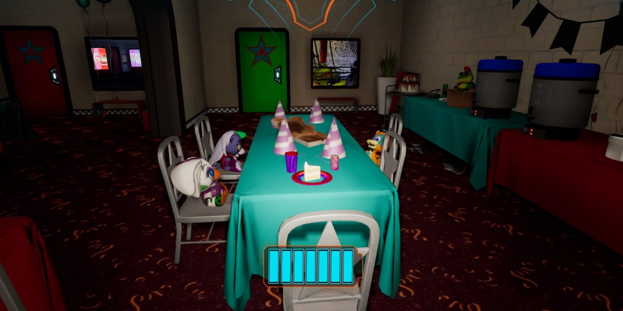 One of the party rooms near the daycare, where several plushes sit at chairs at a party prepped table
