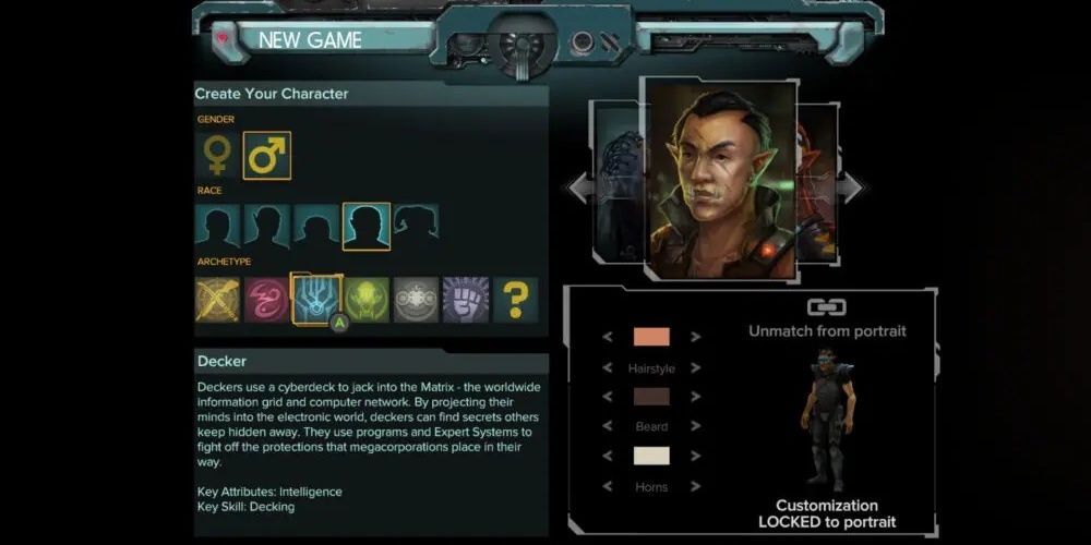 A screenshot showing the character creator in the Shadowrun Trilogy