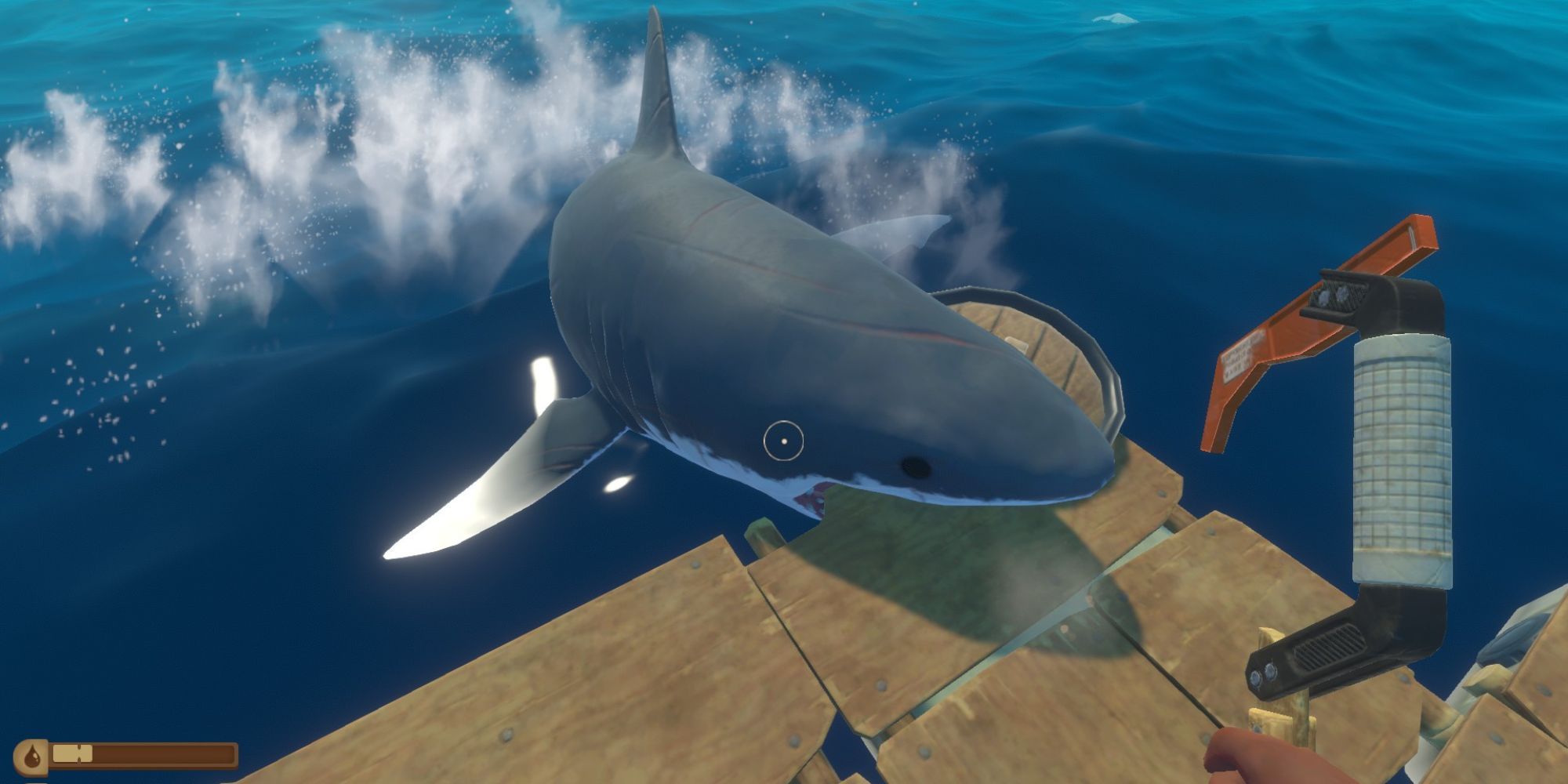 a shark bites the edge of a raft