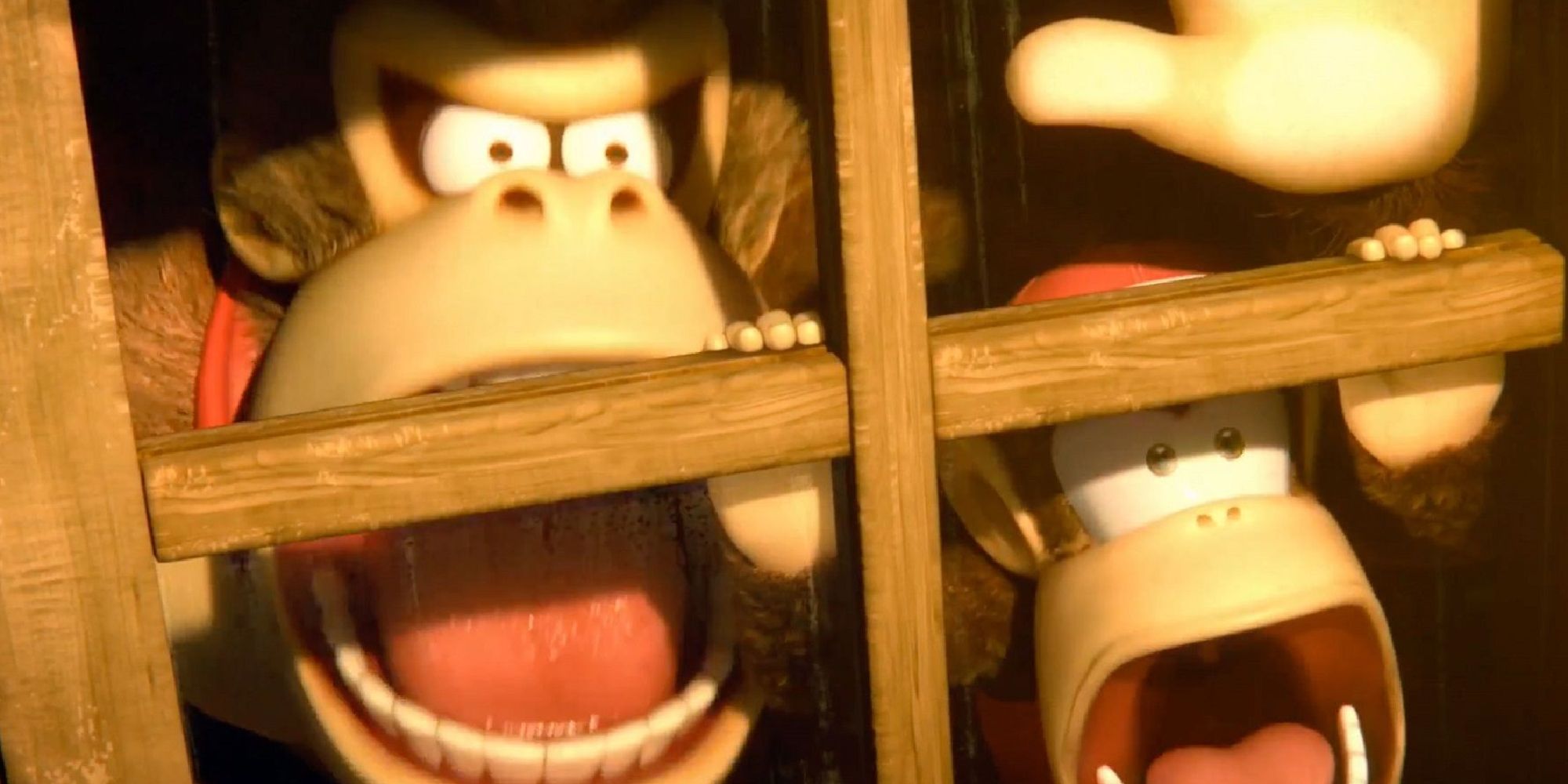 Donkey Kong and Diddy Kong look out of their window with shocked and terrified expressions