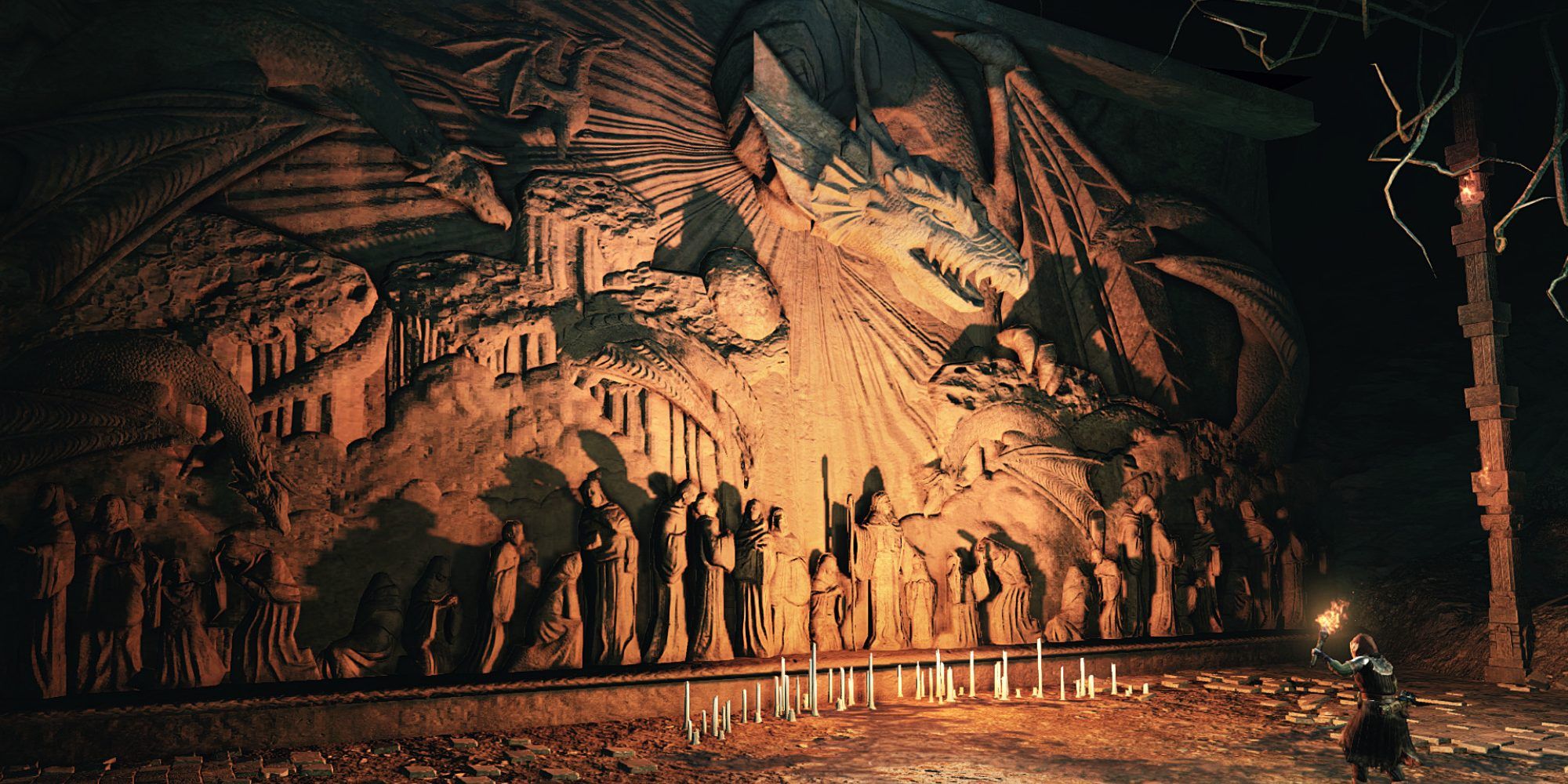 A wall carving in Dark Souls 2, Crown of The Sunken King, depicting Sinh and the people of Shulva.