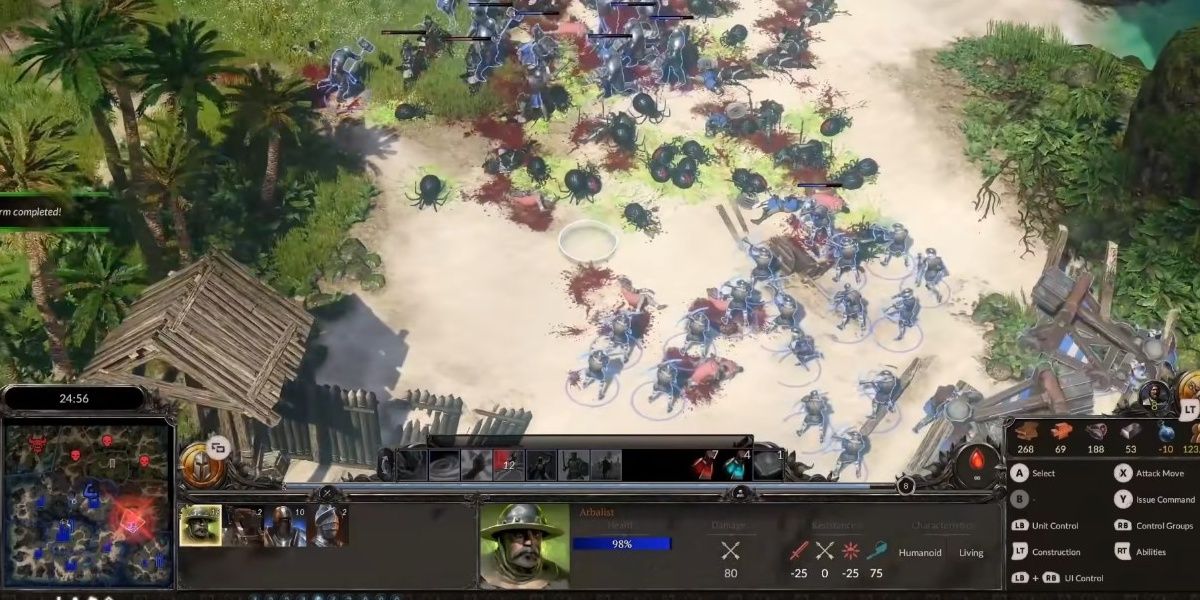 large battlefield on beach area, bloodstains and fallen enemies and allies alike litter the field, hud is pulled up with unit information and control scheme on far right