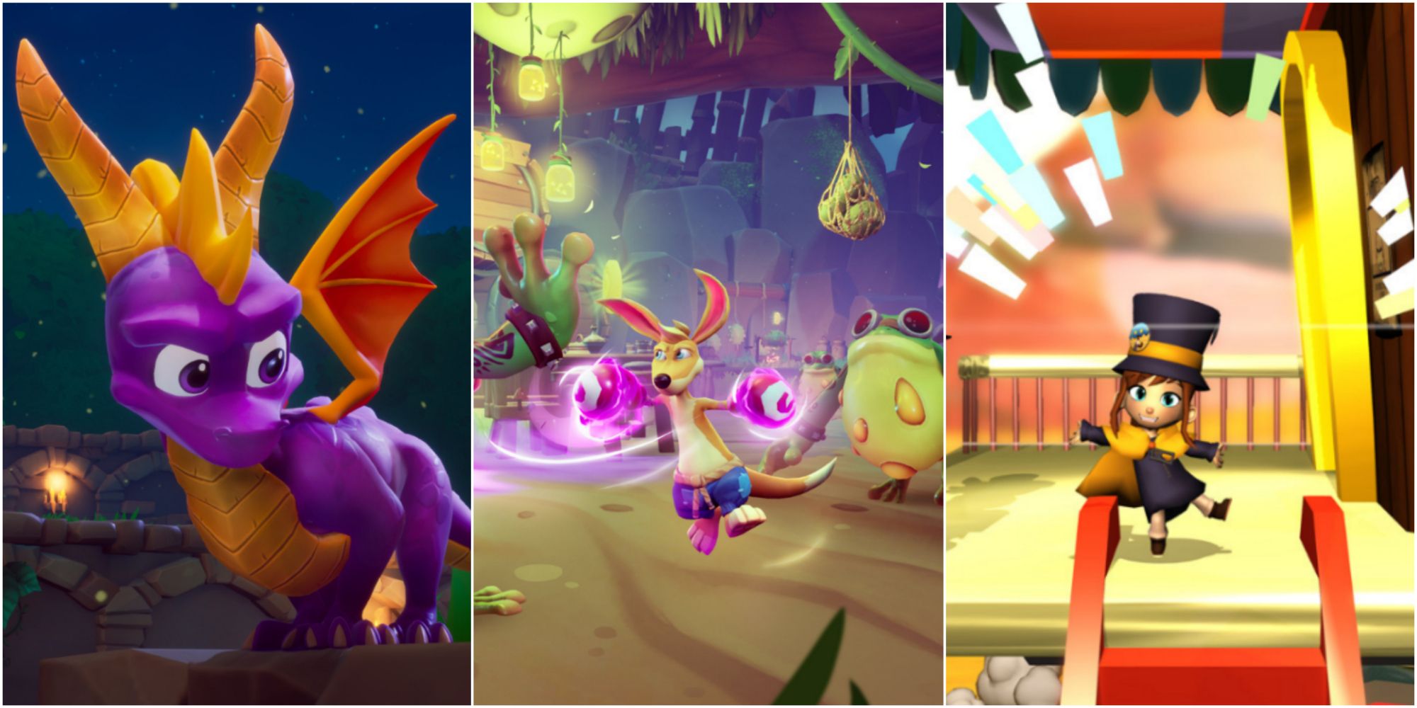 spyro in action, kao pummeling a frog, hat kid on train featured