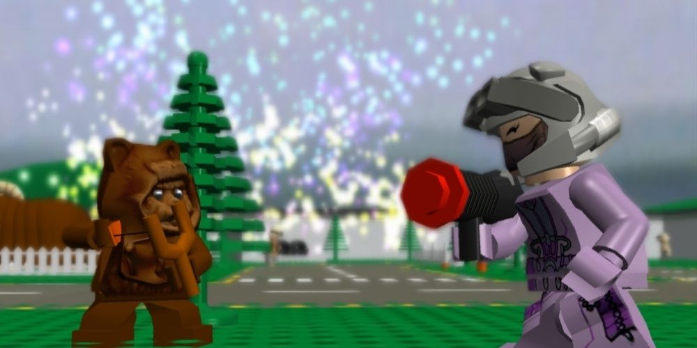 An Ewok fights a Bounty Hunter in Lego Star Wars: The Complete Saga.
