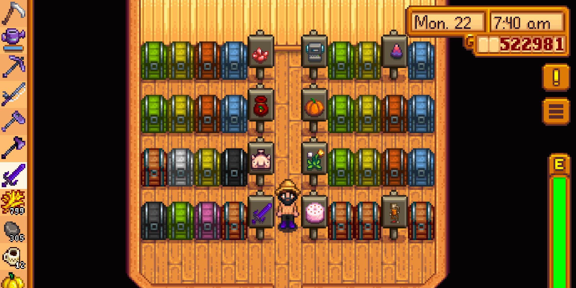 player standing in shed filled with chests