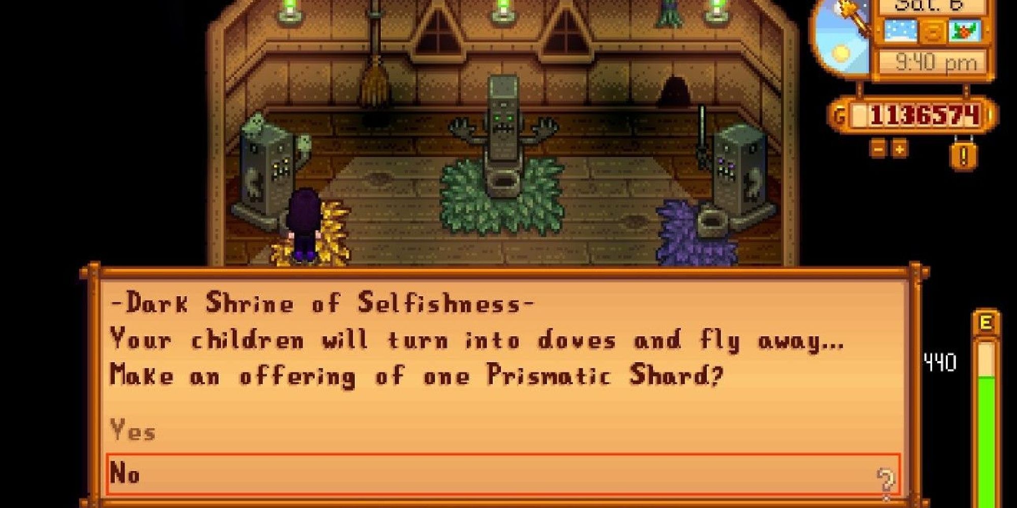 player interacting with the shrine of selfishness
