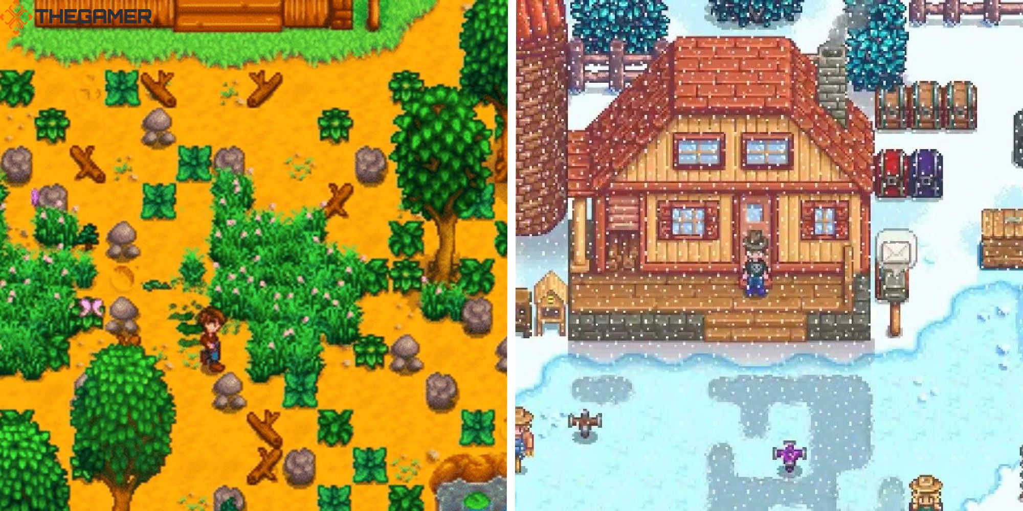 Bild des Spielers auf einem überwucherten Bauernhof neben dem Bild eines Bauernhauses im Winter