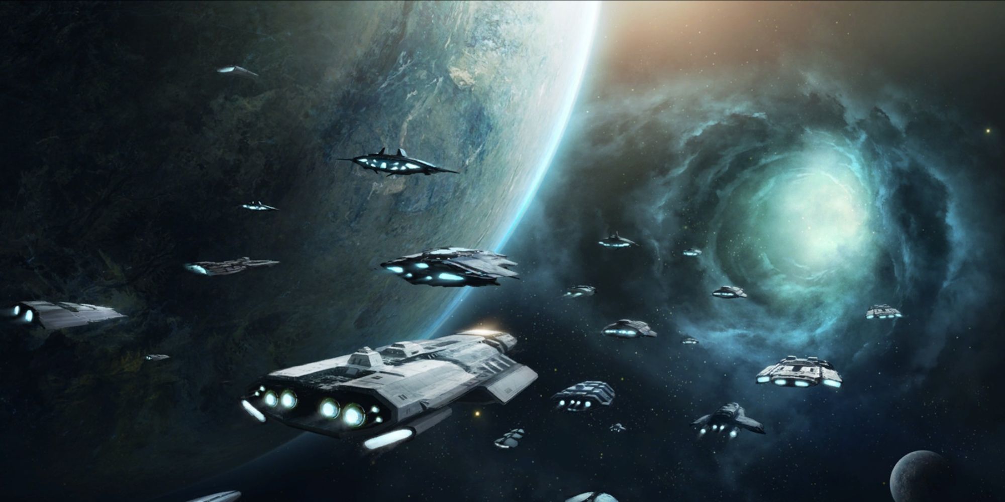 ships approach a wormhole on the Stellaris loading screen