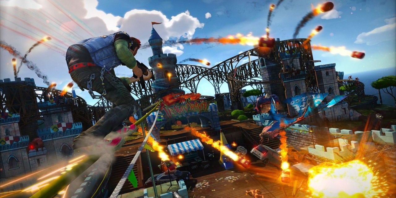 sunset overdrive screenshot of the main character grinding through a barrage of missiles
