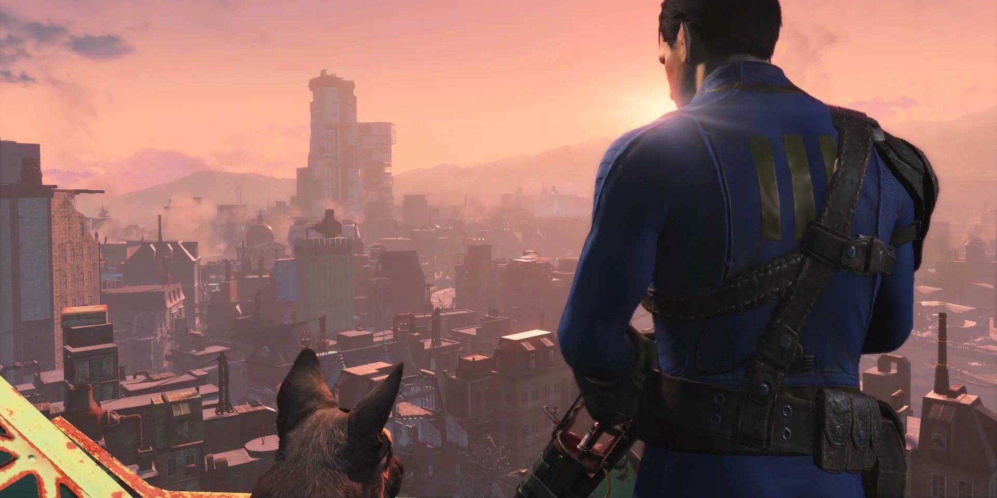 Fallout 4 the sole survivor looking over a city with his dog
