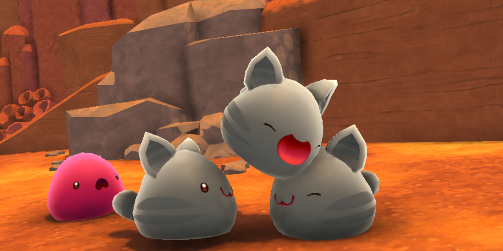 Trio Of Tabby Slimes Playing With Pink Slime Watching In Angst