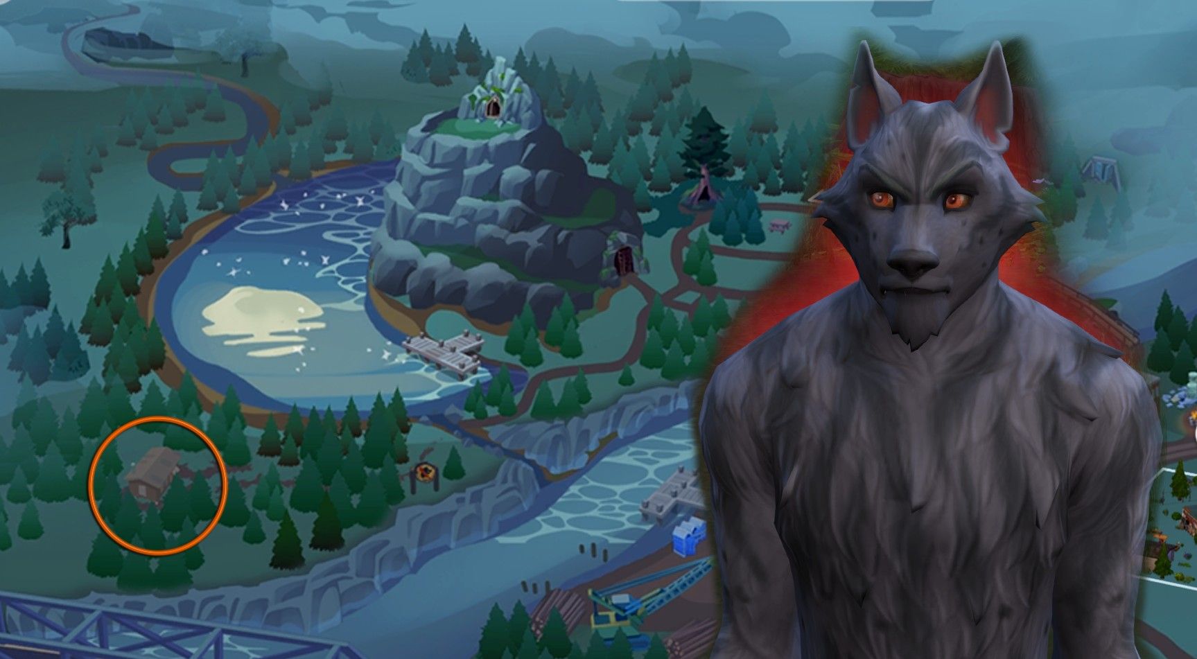 The location of mean werewolf Greg's house on the map of Moonwood Mill in The Sims 4 Werewolves