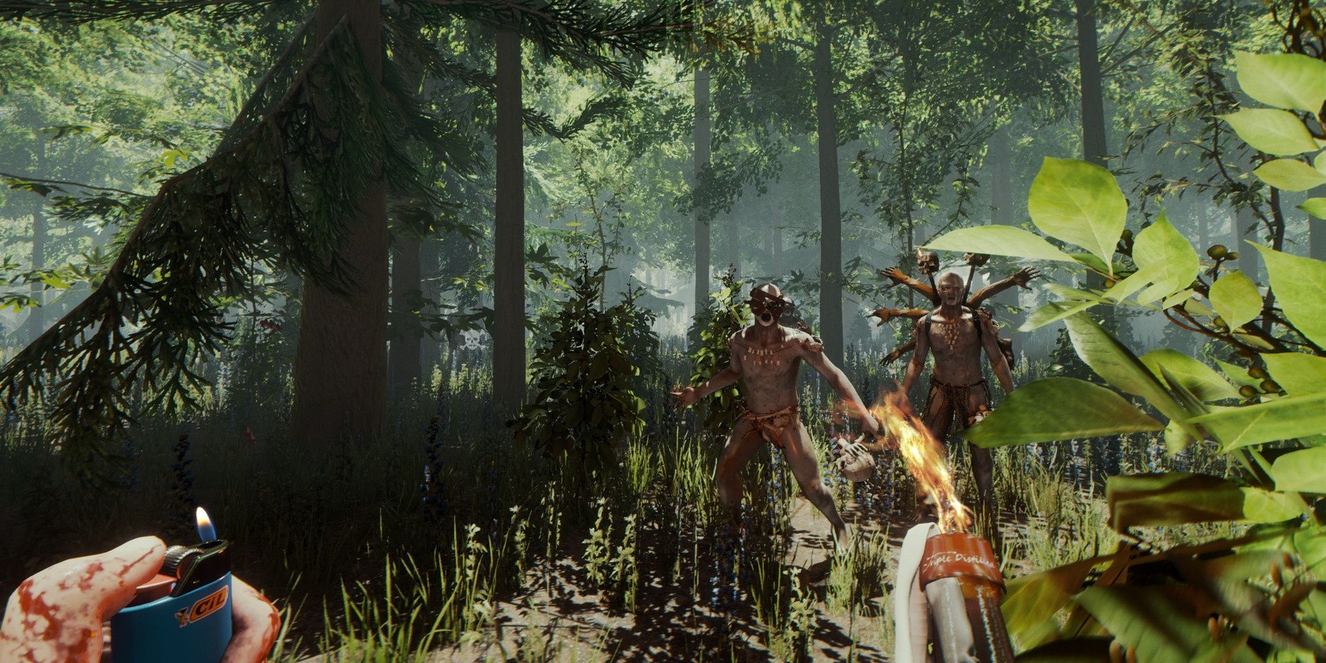 A screenshot showing gameplay in The Forest