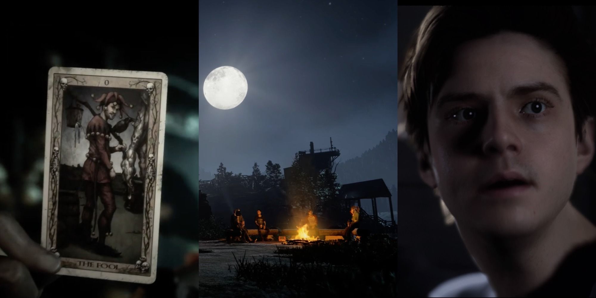 the fool card, counselors by the fire, and dylan closeup in the quarry