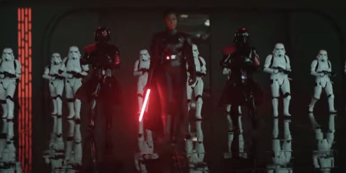 A still image showing Reva being flanked by two Purge Troopers in the trailer for Obi-Wan Kenobi
