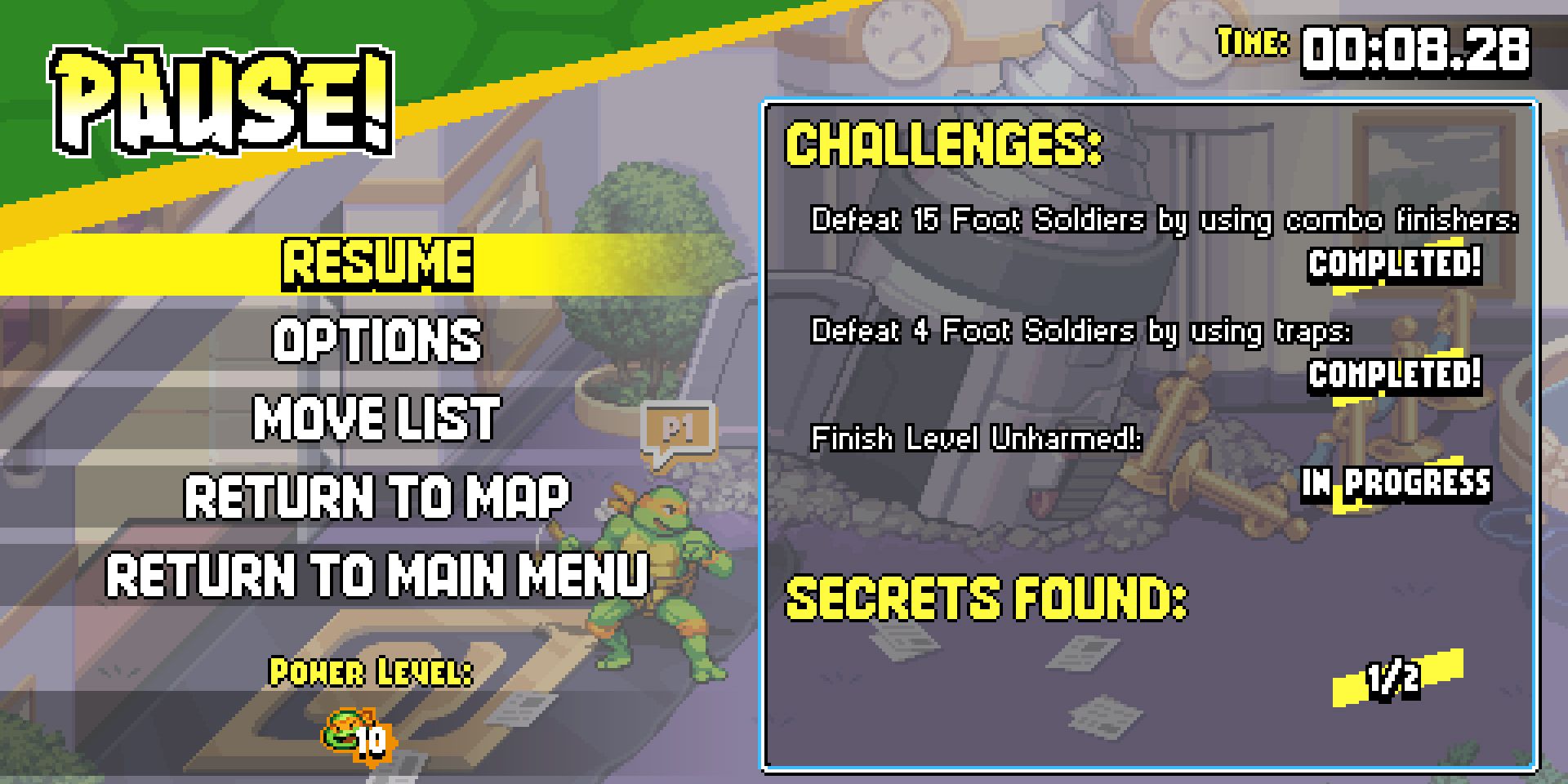 A screenshot showing avaialable challenges for the first level of Teenage Mutant Ninja Turtles: Shredder's Revenge