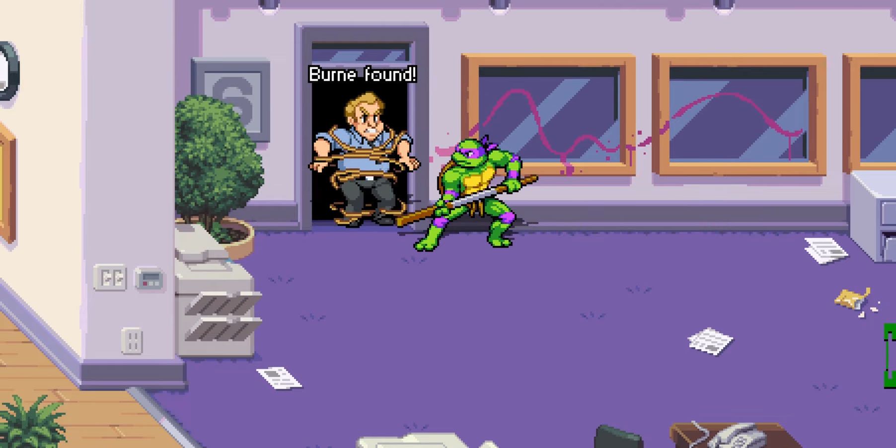 A screenshot showing Donatello rescuing Burne behind a hidden door in Teenage Mutant Ninja Turtles: Shredder's Revenge