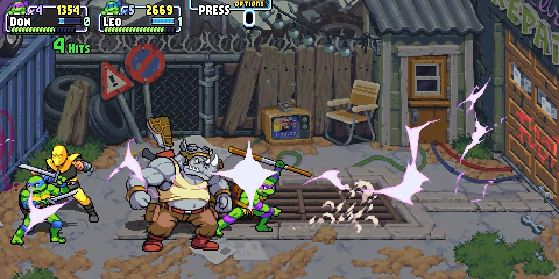 A screenshot showing Donatello and Leonardo performing a Sandwich Attack on Rocksteady in Teenage Mutant Ninja Turtles: Shredder's Revenge