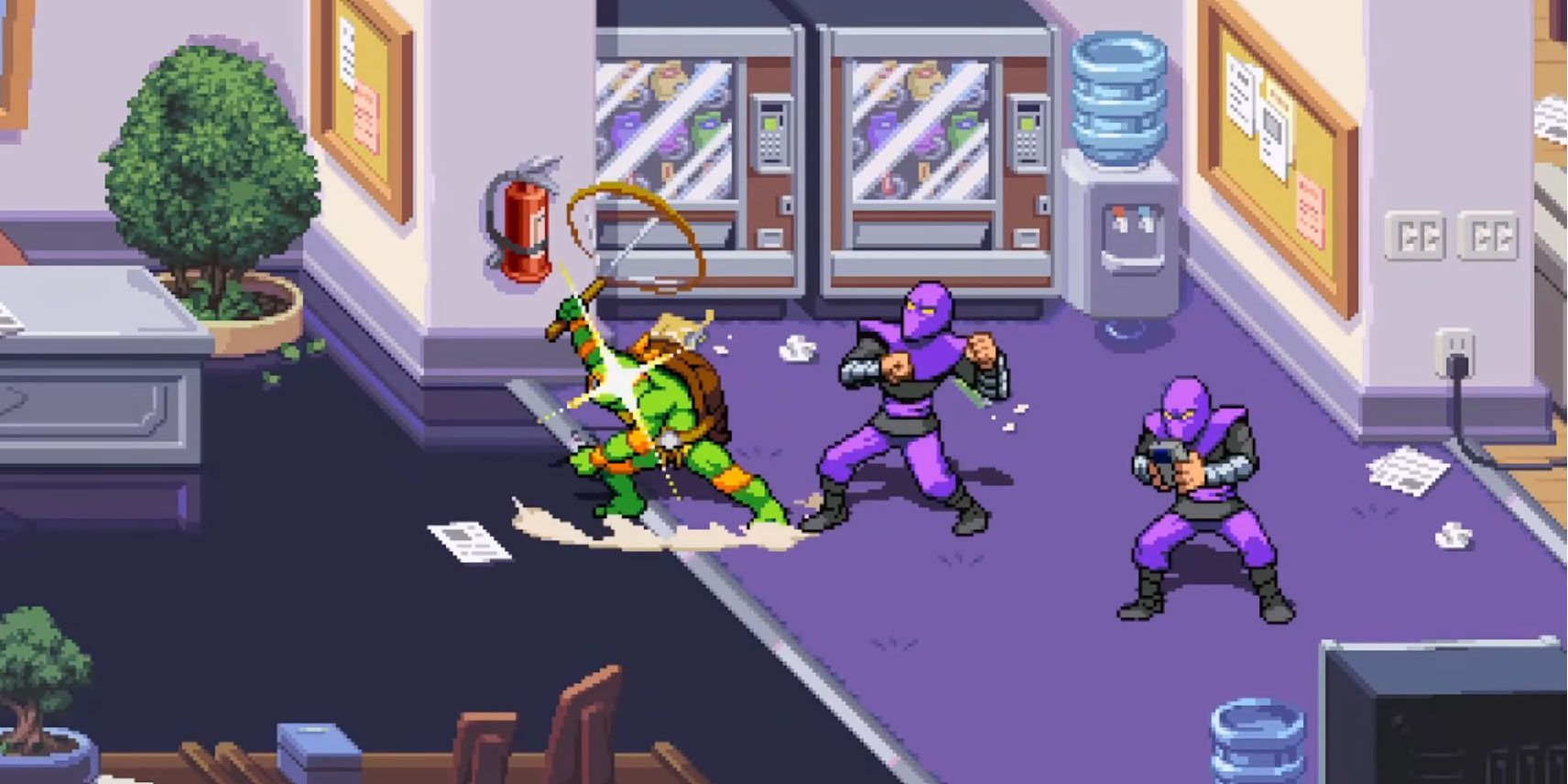 A screenshot showing Michaelangelo performing a charged attack in Teenage Mutant Ninja Turtles: Shredder's Revenge