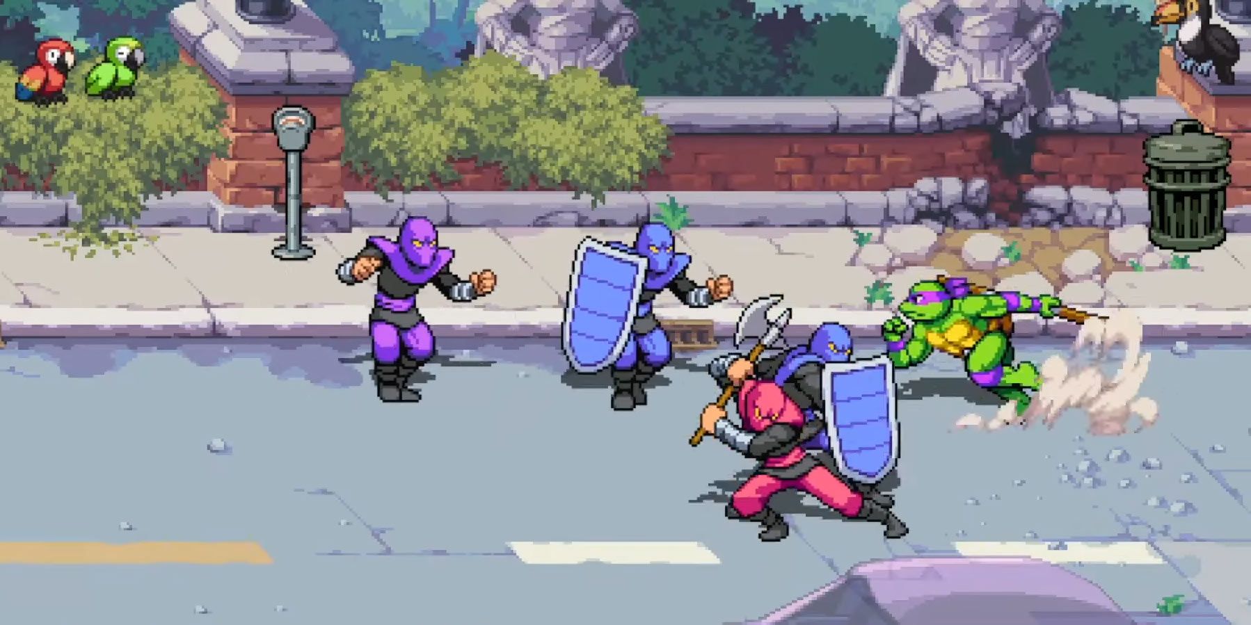 A screenshot showing Donatello dashing towards a group of Foot Soldiers in Teenage Mutant Ninja Turtles: Shredder's Revenge