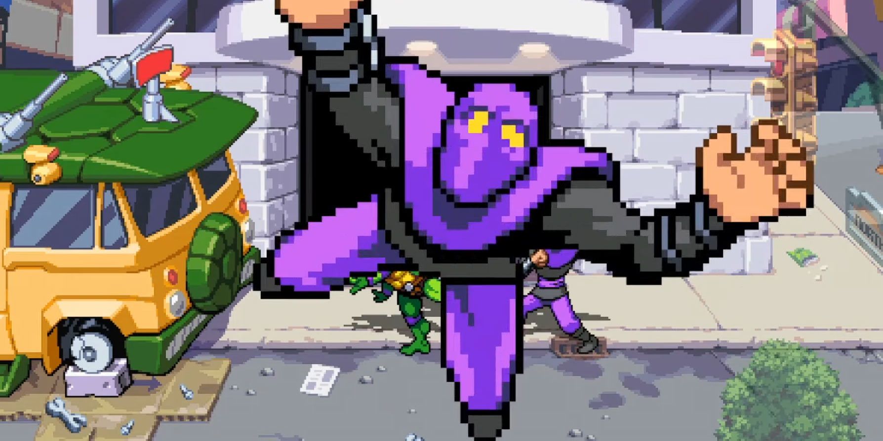 A screenshot showing a Foot Soldier being flung toward the screen in Teenage Mutant Ninja Turtles: Shredder's Revenge