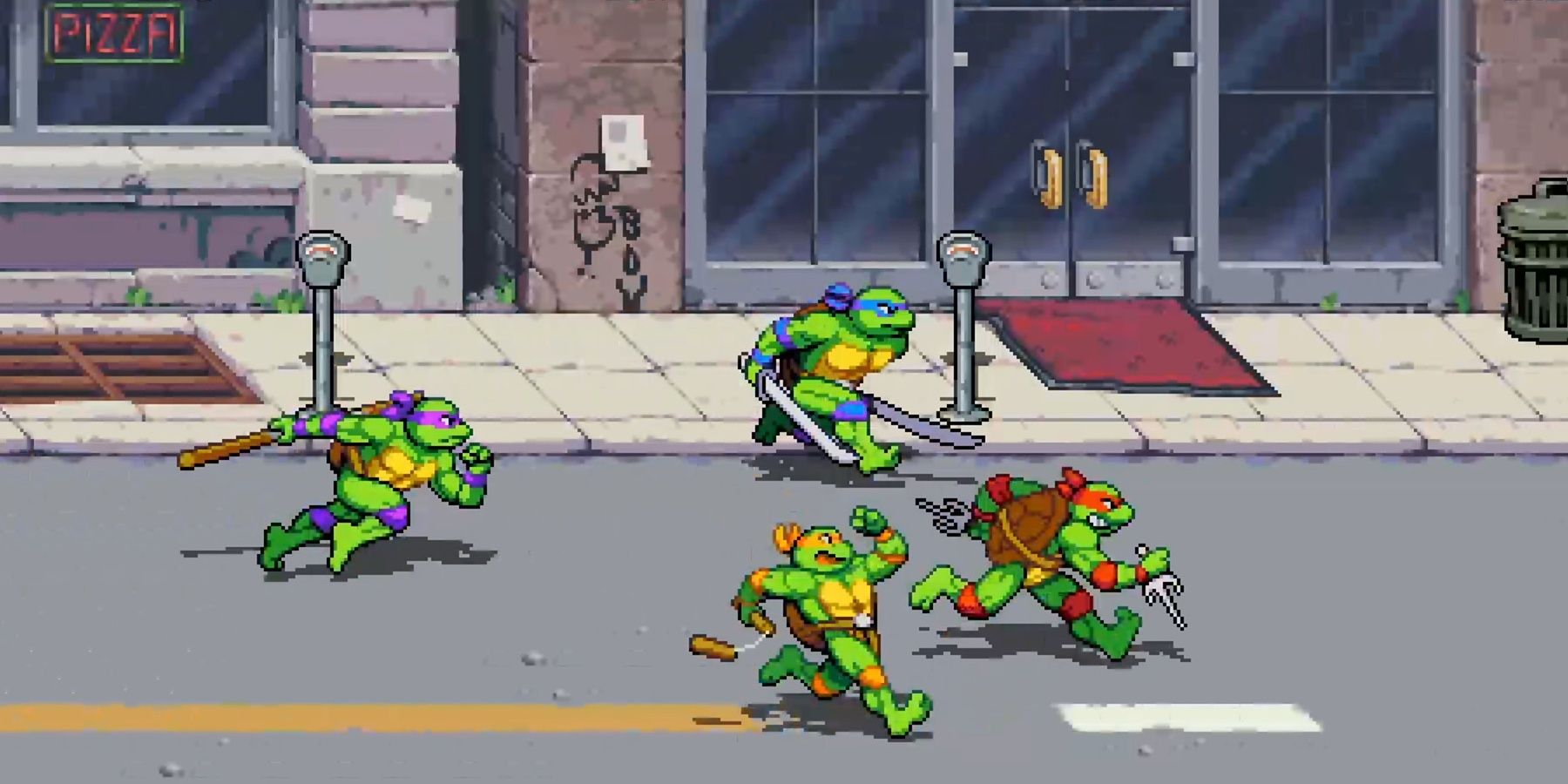 A screenshot showing Donatello, Leonardo, Michaelangelo, and Raphael running through the streets in Teenage Mutant Ninja Turtles: Shredder's Revenge