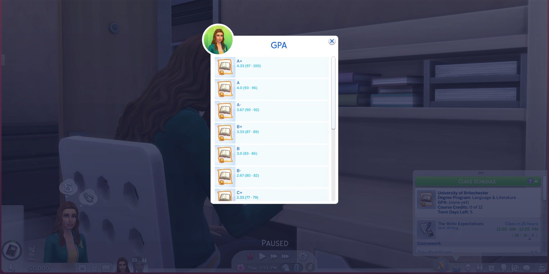 The GPA menu in UI Cheats Extension shows grades from A+ to C+.