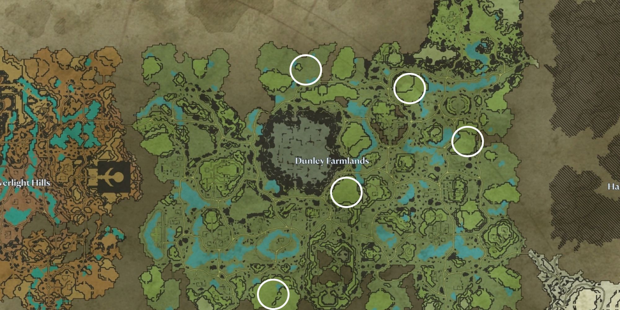 map of dunley farmlands with potential castle build locations circled