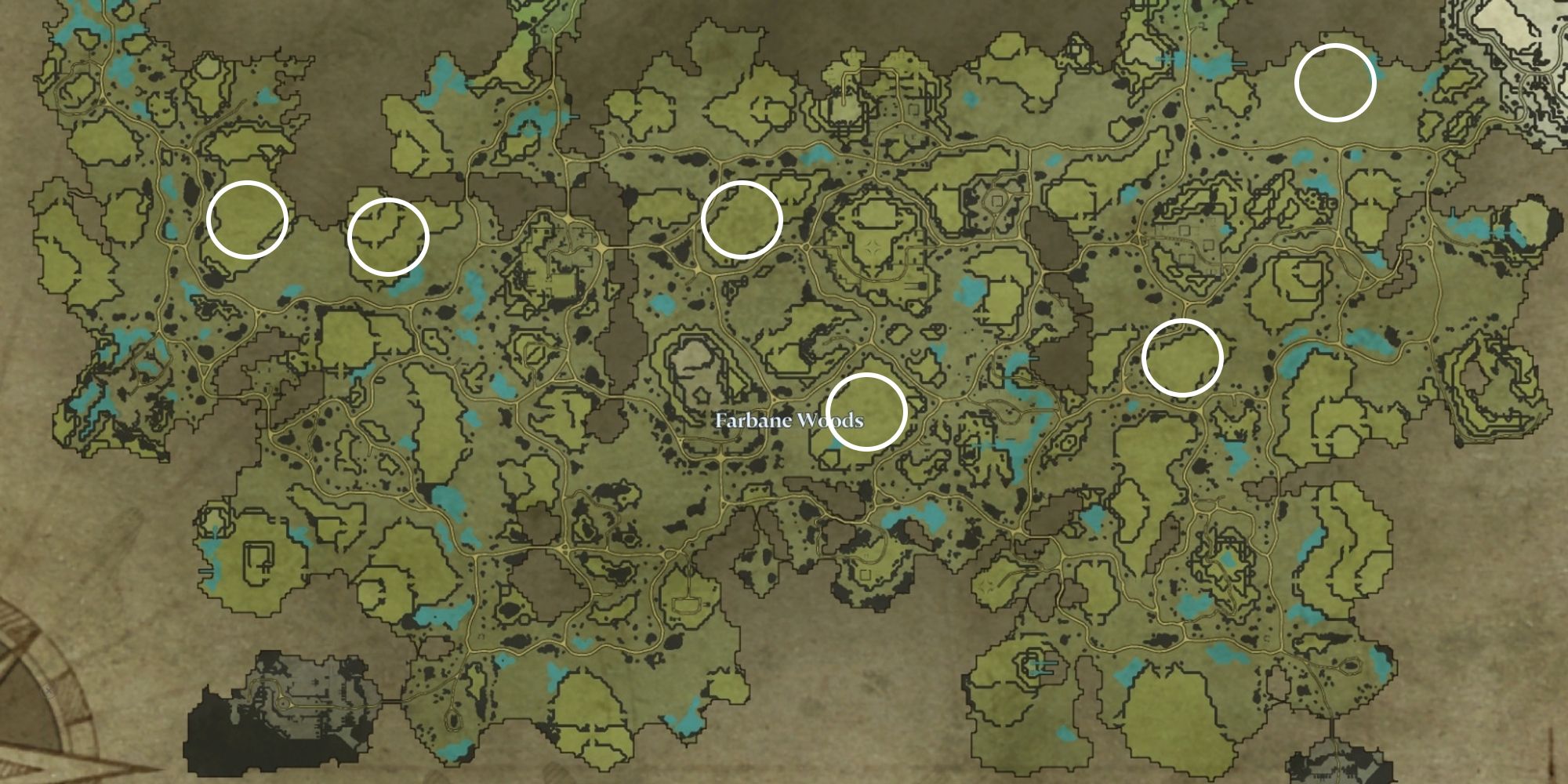 map of farbane woods with potential castle locations circled