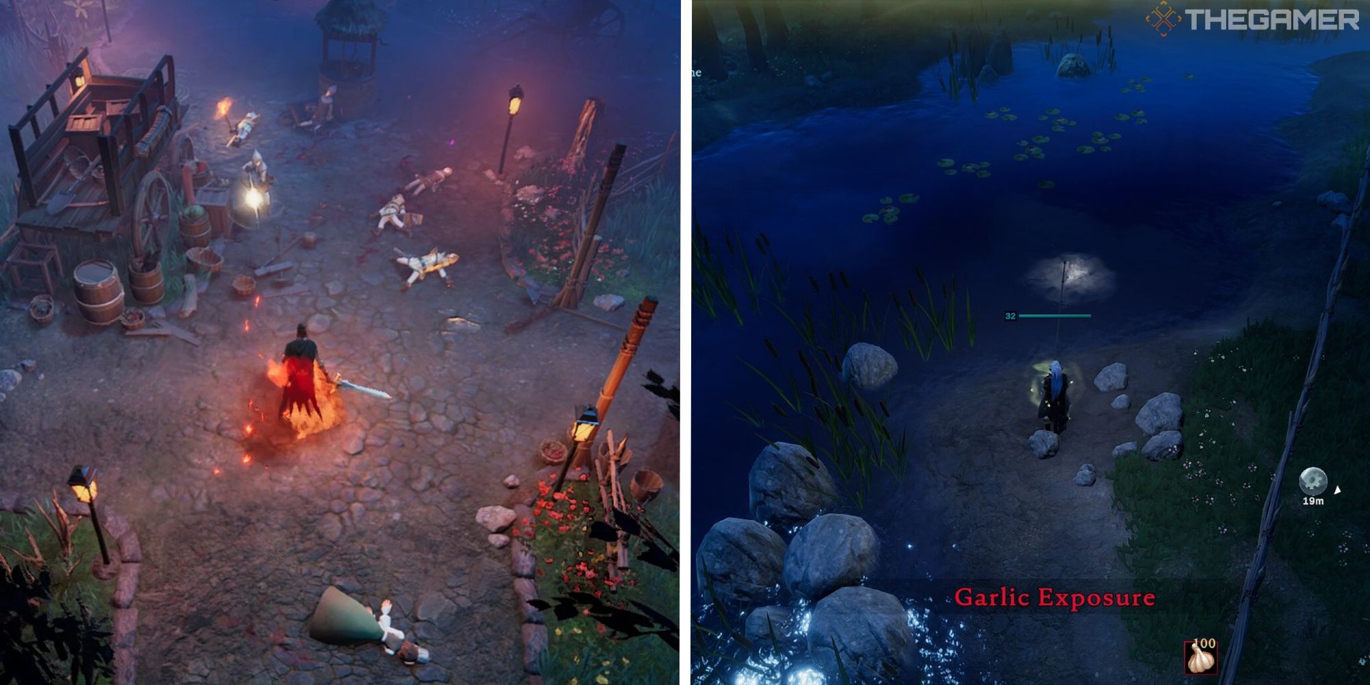 image of player in dawnbreak village next to image of player fishing with garlic exposure