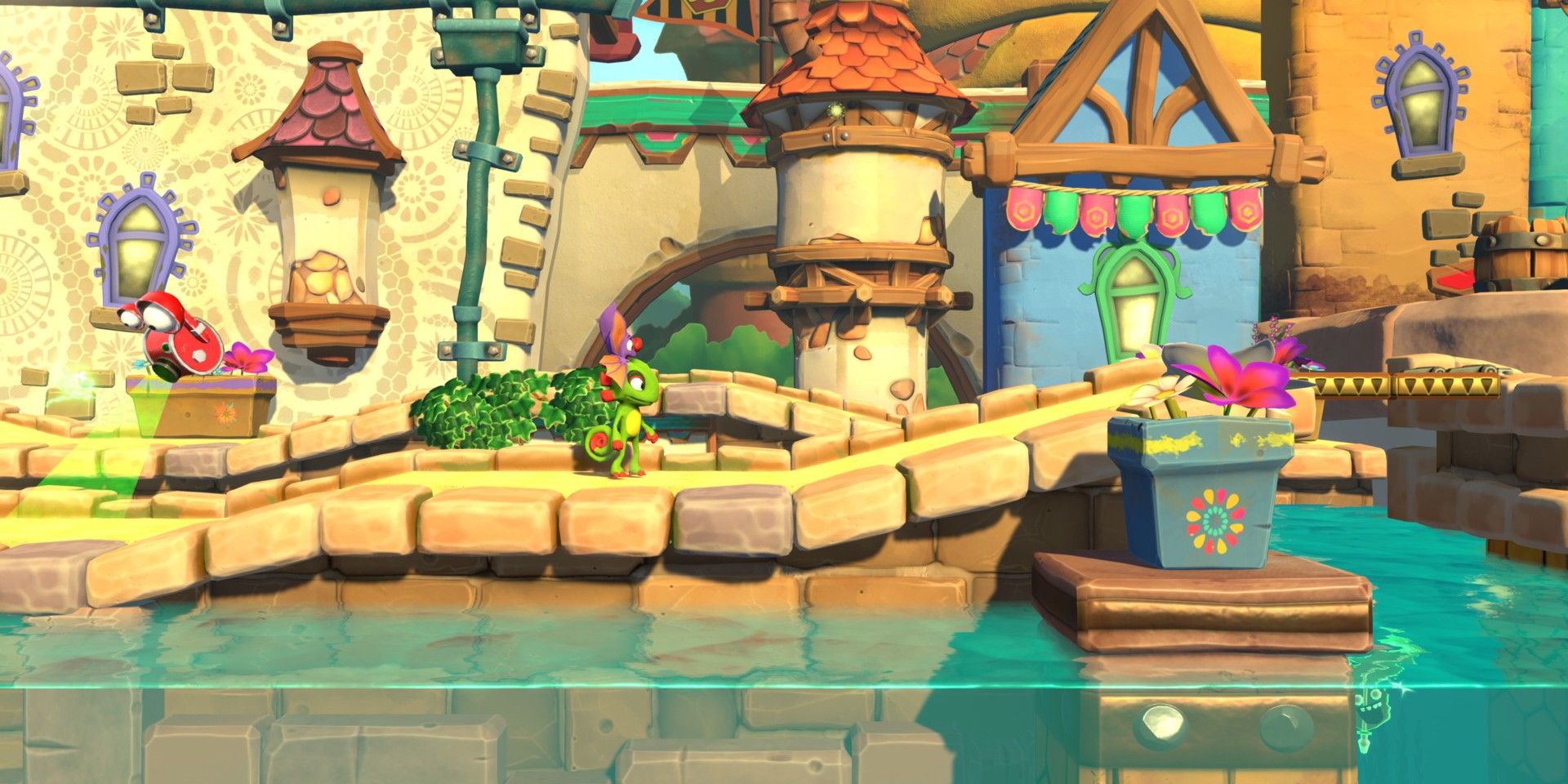 A screenshot of Yooka-Laylee and The Impossible Lair showing Yooka and Laylee standing at city level on the waterfront.