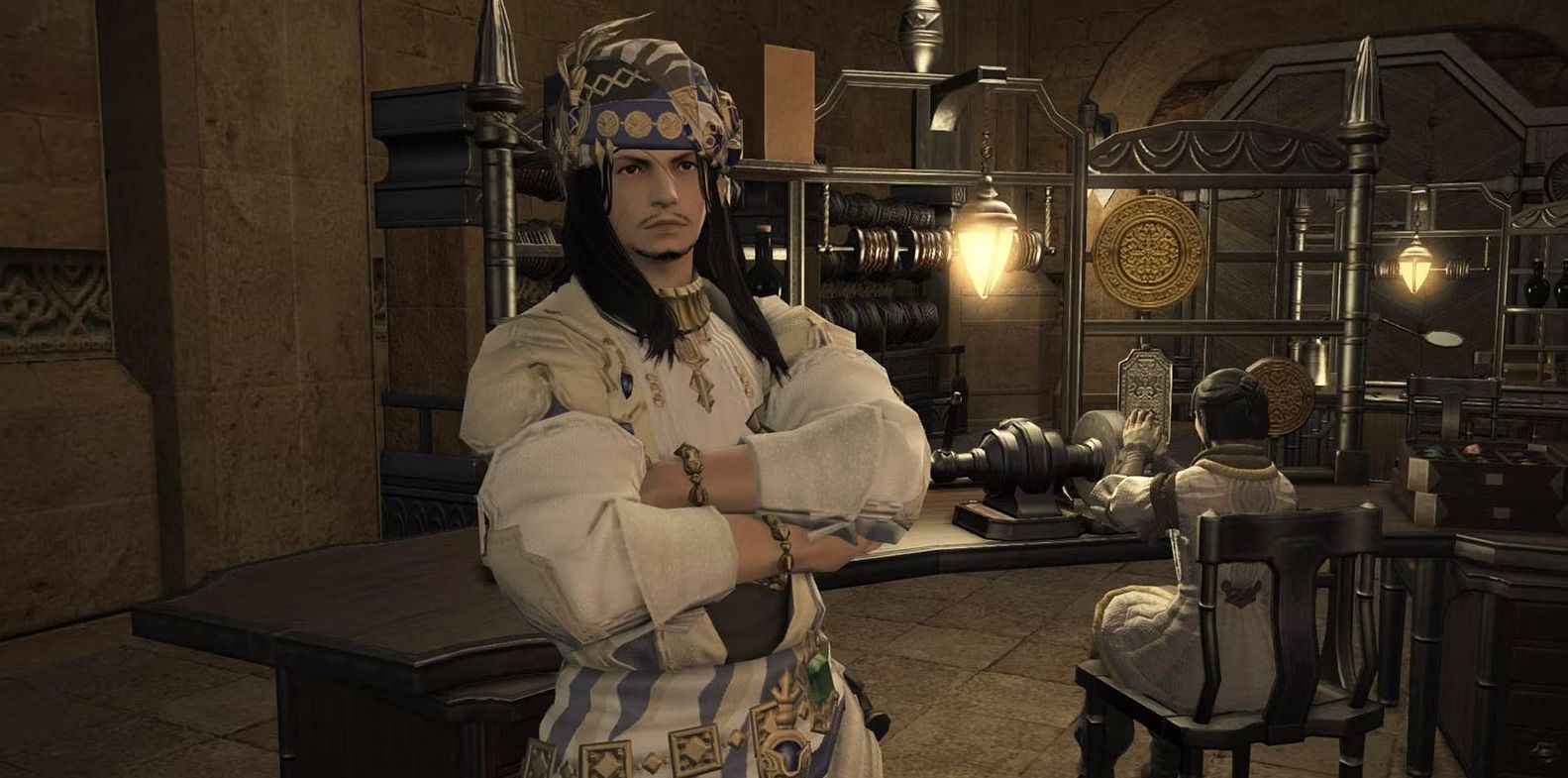 A male hyur character wearing Goldsmith artifact armor in Final Fantasy 14.