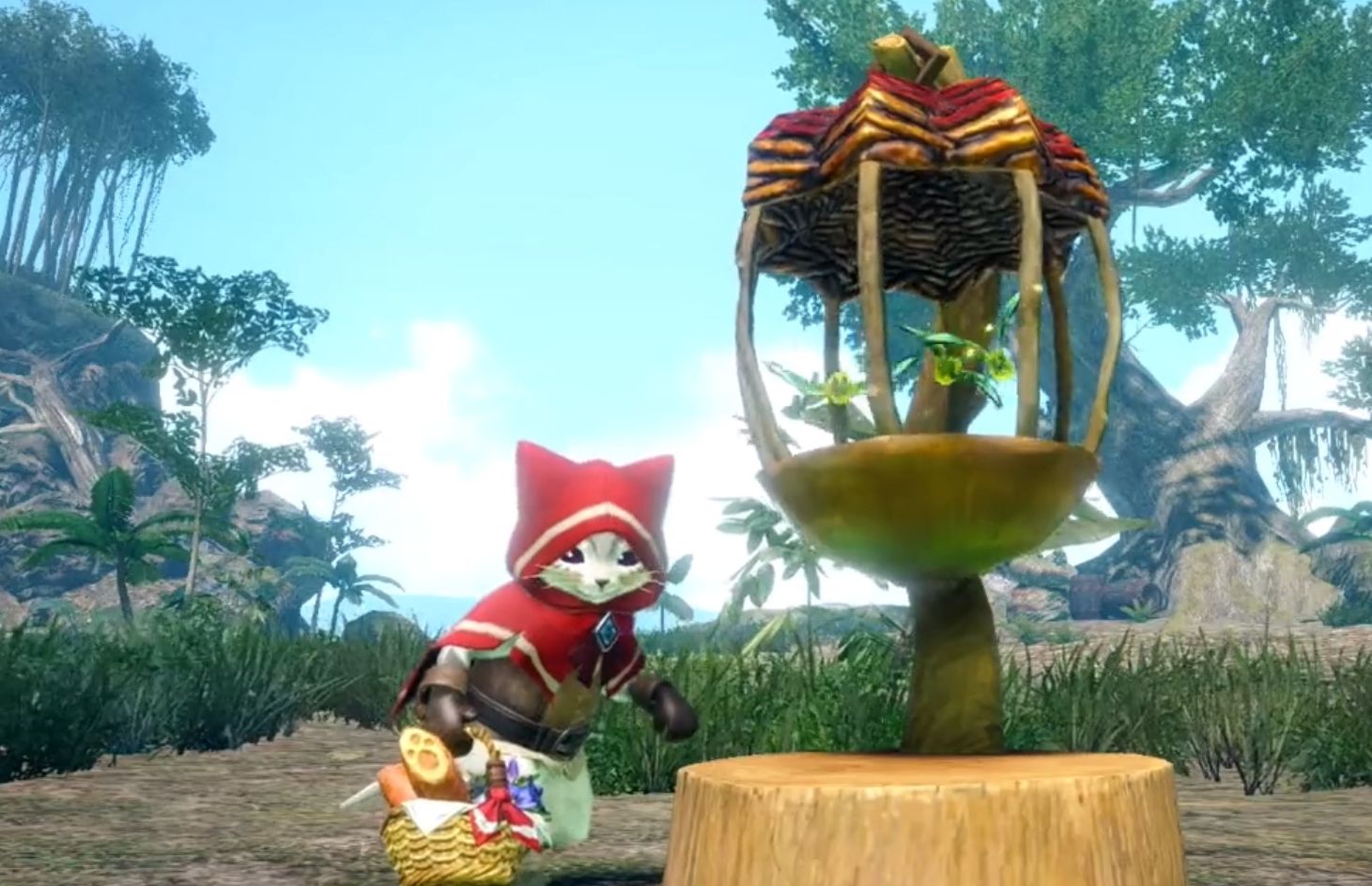 Palico with the Healing Clover Bat cage in Monster Hunter Rise.