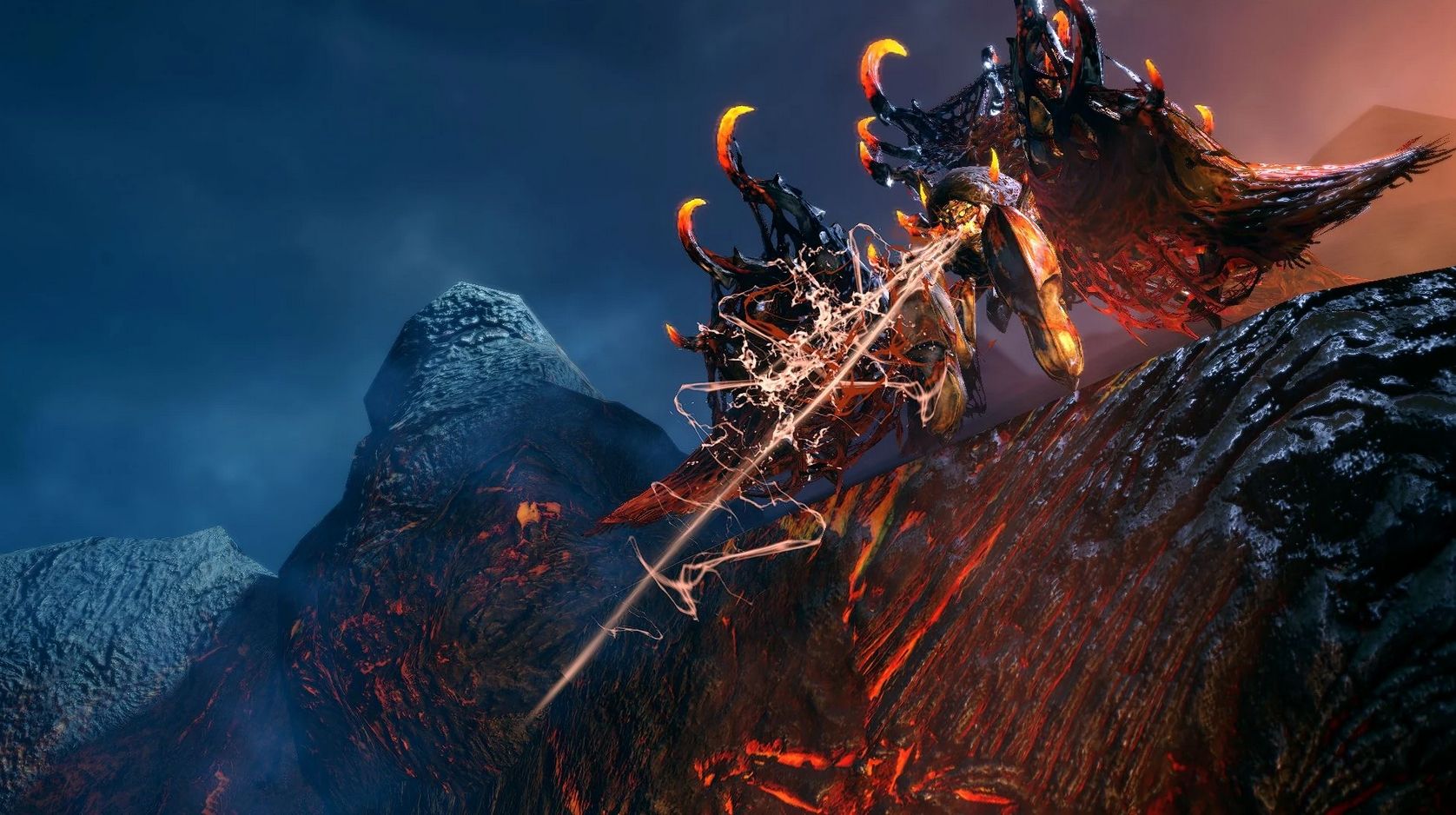 Pyre Rakna-Kadaki in Monster Hunter Rise. A large spider-like monster with orange spikes, covered in black webs.