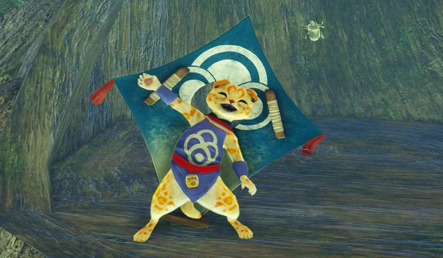 A Palico in Monster Hunter Rise with a kite on its back, waving towards the viewer 