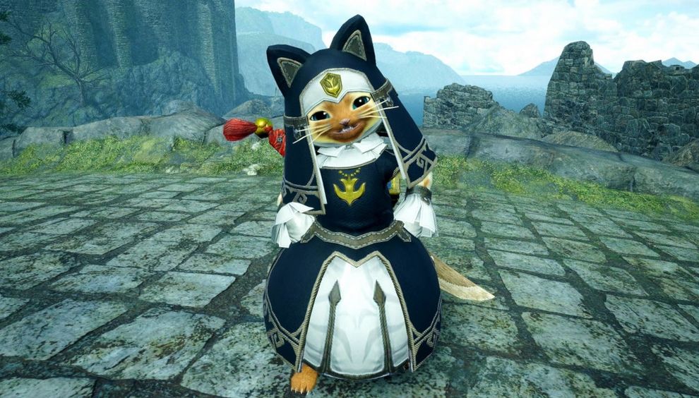 Palico in the Devout armor from Monster Hunter Rise