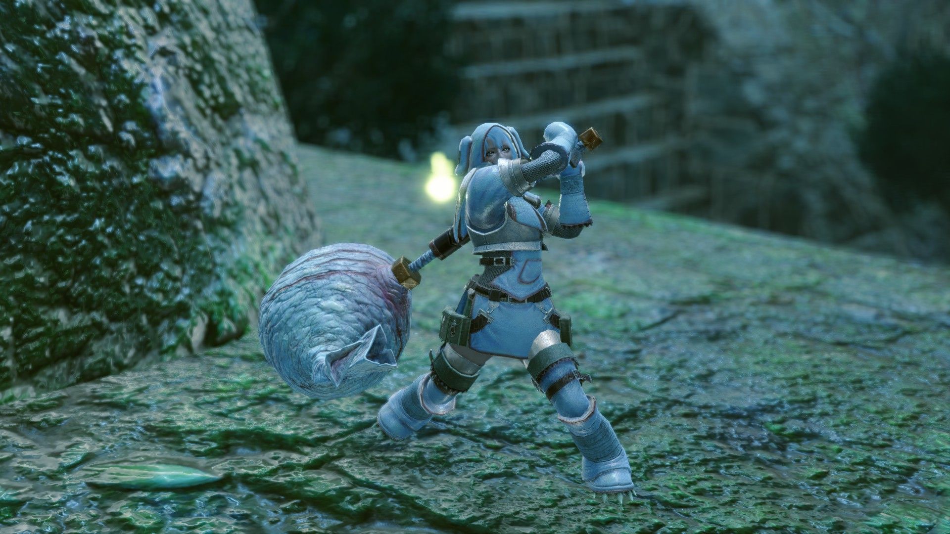 A hunter wearing the Khezu X armor set wielding a Khezu hammer in Monster Hunter Rise