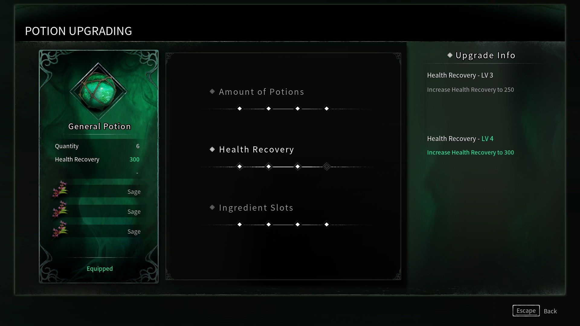 Thymesia Potion Upgrade screen