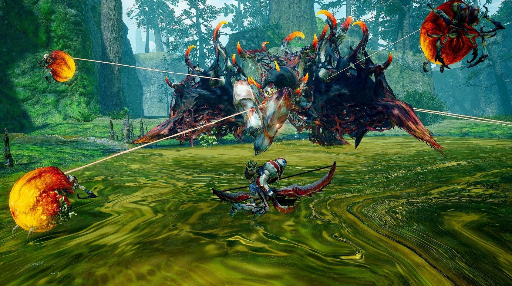 Monster Hunter Rise gameplay. A giant spider covered in black web throws orange baby spiders at the player, who is holding a bow.