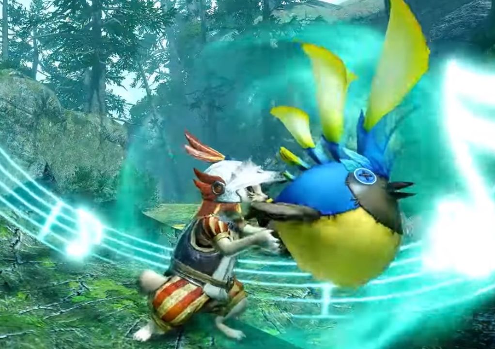 A Palico in Monster Hunter Rise playing a bird-shaped horn