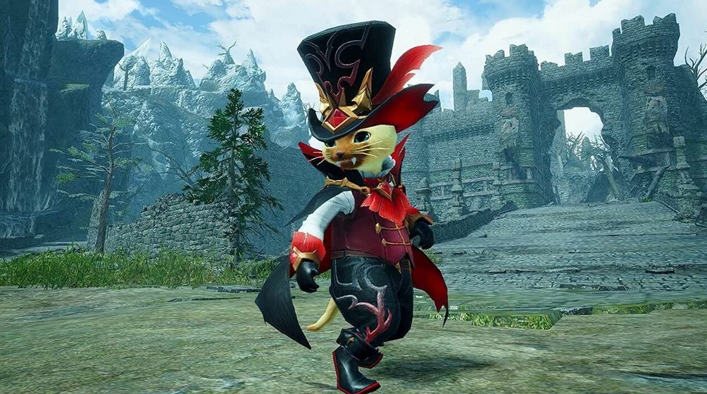 A Palico wearing a vampire costume in Monster Hunter Rise.