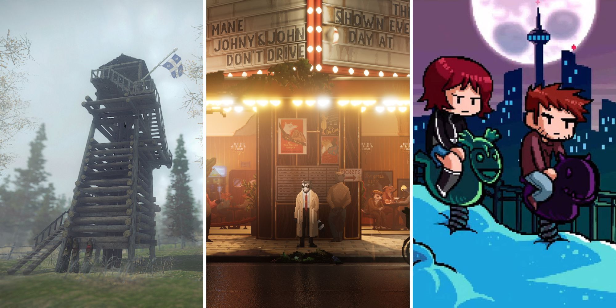 A tower with a Fleurdelisé, Howard Lotor stands in front of a theatre, Kim Pines and Stephen Stills on spring riders