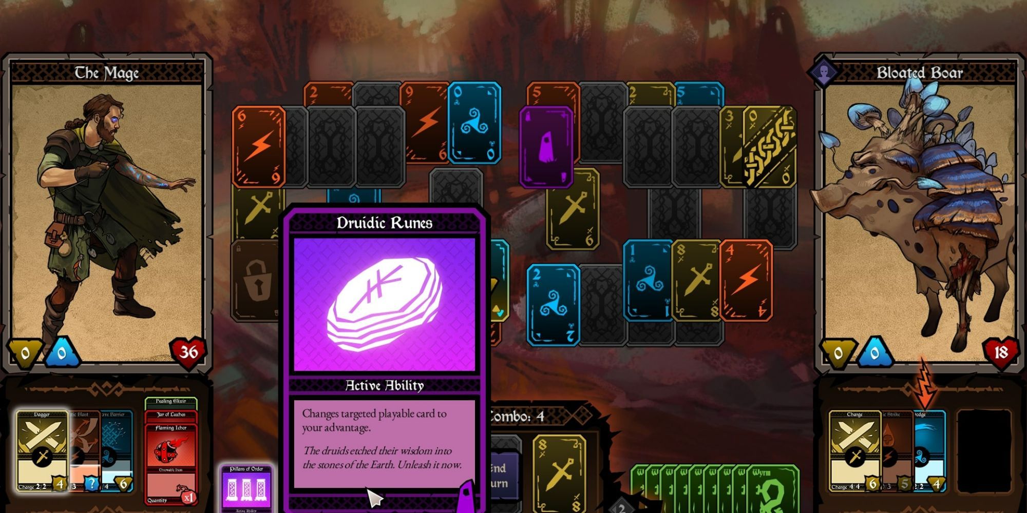 Captura de pantalla de Ancient Enemy que muestra el mapa de habilidades en una ronda de batalla.