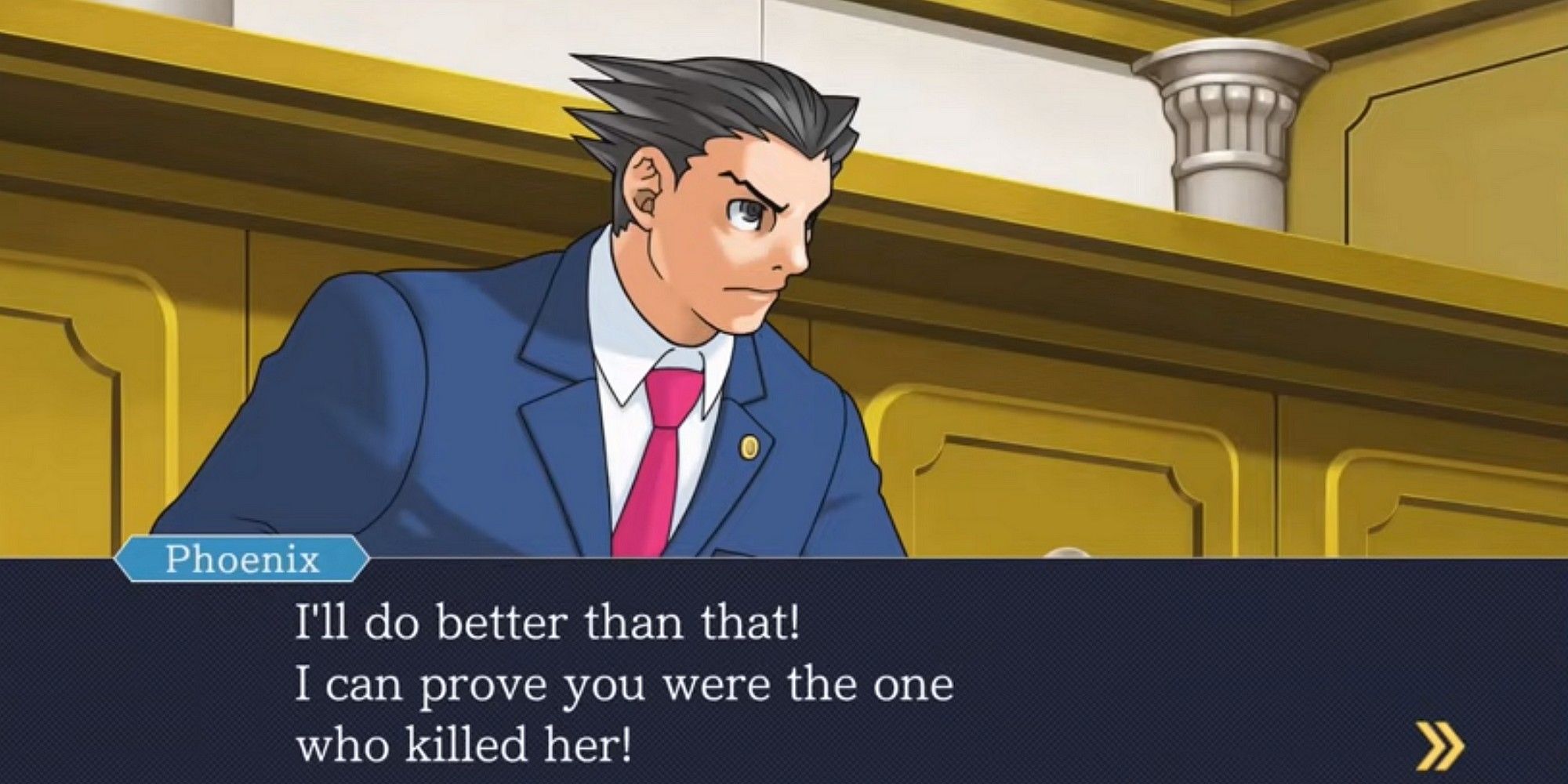 Phoenix Wright stares down a suspect inside a courtroom in Ace Attorney: Phoenix Wright.